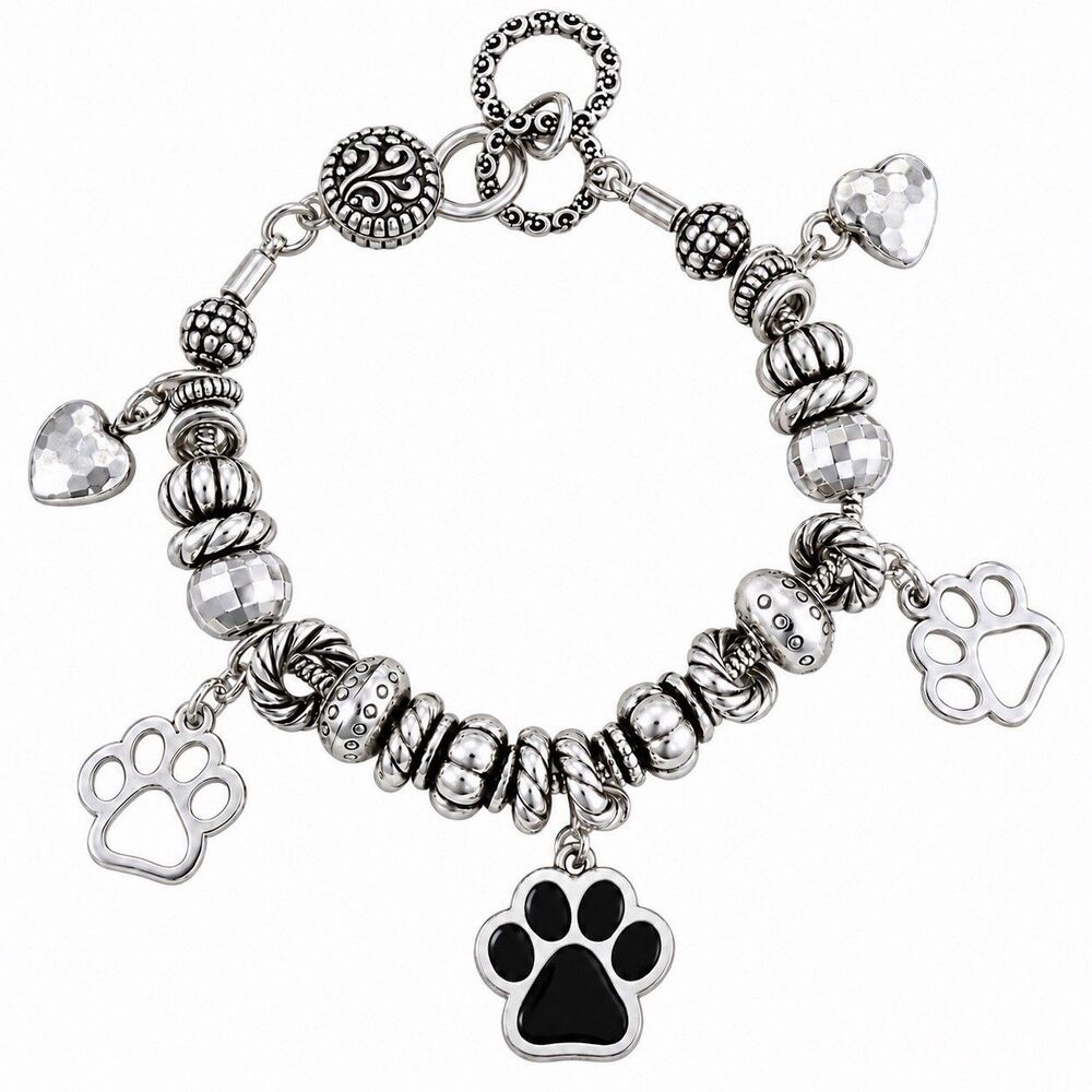 Silver Beaded Charm Bracelet Black Paw Print Hearts Dog Cat Pet Lover Gift